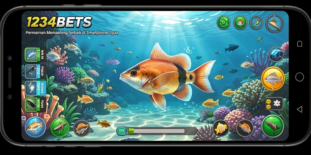Tampilan aksi seru dalam game memancing 1234BETS yang menampilkan pemain menangkap ikan.