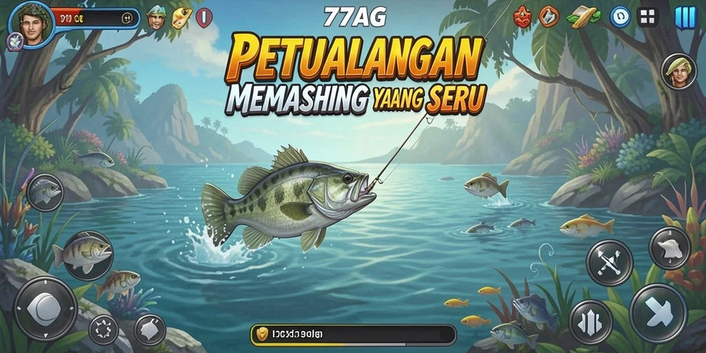 Screenshot gameplay <strong>77AG</strong> menunjukkan aksi memancing yang mendebarkan di laut biru.