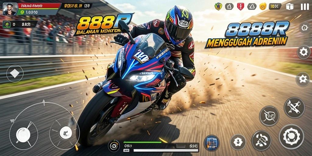 Screenshot gameplay 888R menampilkan balapan motor yang mendebarkan.