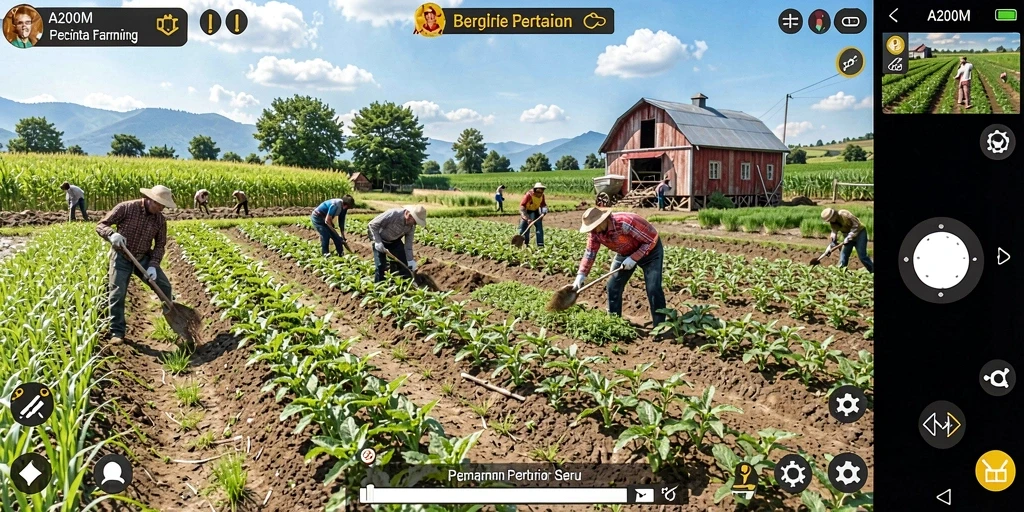Screenshot gameplay A200M dengan aktivitas bertani yang seru.