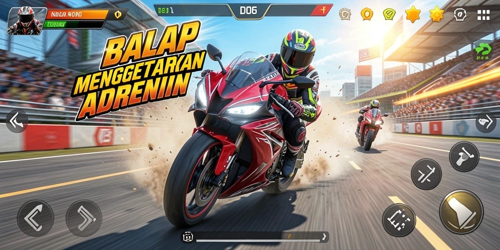 Tangkapan layar D06 menampilkan aksi balap motor yang mendebarkan.