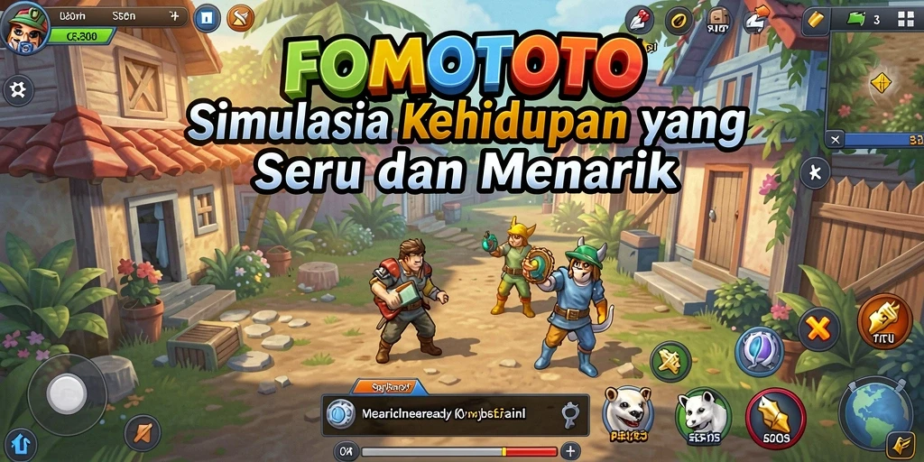 Tangkapan layar utama gameplay FOMOTOTO menampilkan karakter dalam kehidupan sehari-hari.