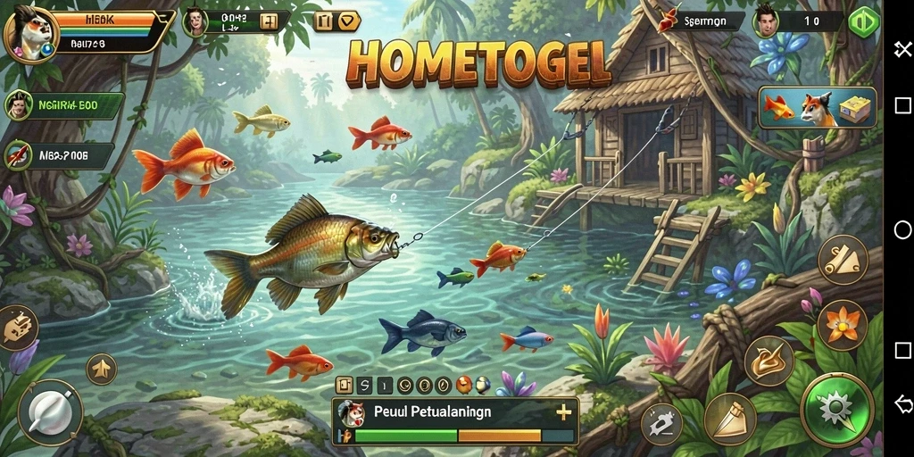 Screenshot gameplay HOMETOGEL menampilkan aksi seru memancing ikan.