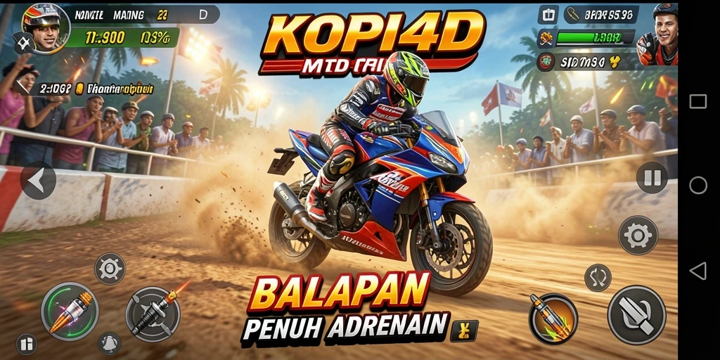 Tampilan gameplay KOPI4D yang menegangkan dan penuh aksi balapan motor.