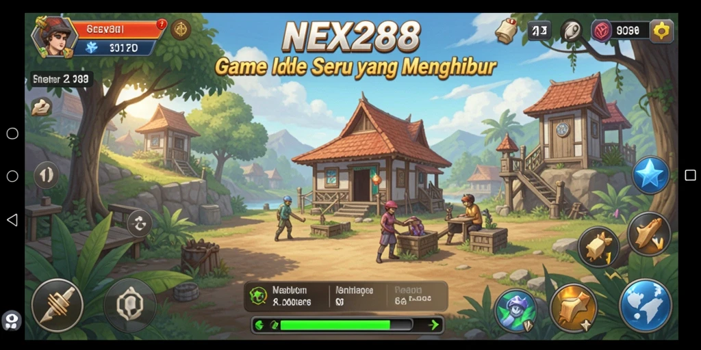 Screenshot gameplay NEX288 menampilkan karakter mengumpulkan sumber daya secara otomatis.