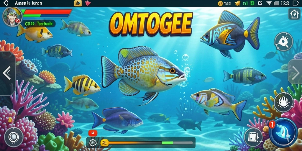 Tampilan gameplay seru di OMTOGEL dengan berbagai ikan menunggu untuk ditangkap.