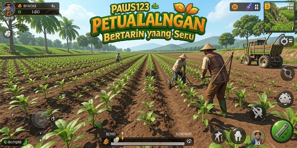 Screenshot utama PAUS123 menampilkan aktivitas bertani yang seru dan interaktif.