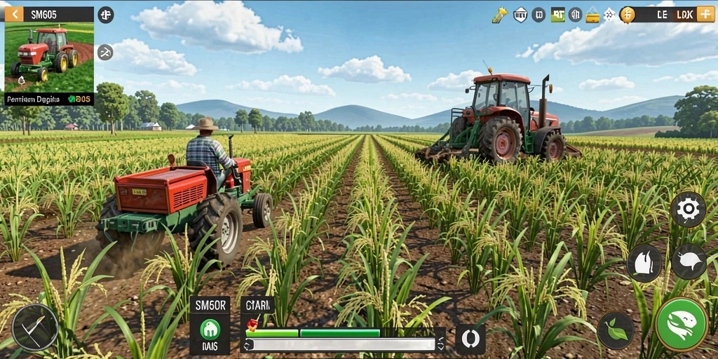 Tangkapan layar gameplay <strong>SM605</strong> menunjukkan aktivitas bertani yang seru.