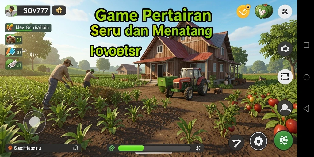 Screenshot gameplay SOV777 menampilkan ladang dengan tanaman subur dan aktivitas panen.
