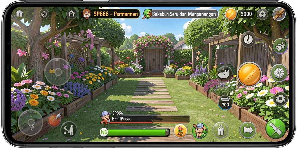 Tampilan menarik dari gameplay SP666 yang penuh warna dan aktivitas berkebun.