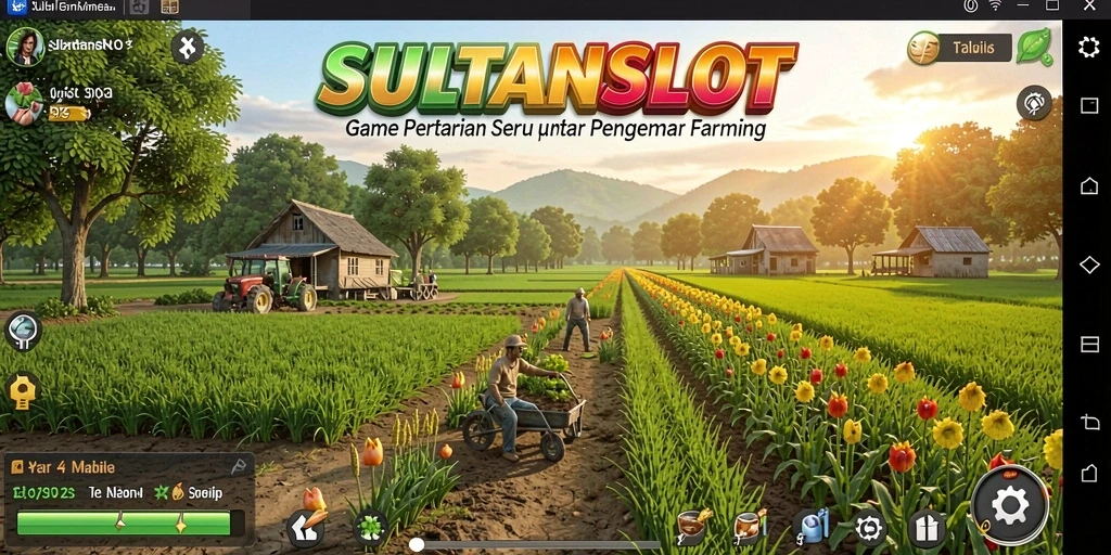 Screenshot gameplay SULTANSLOT menampilkan ladang yang subur dan tanaman yang beragam.