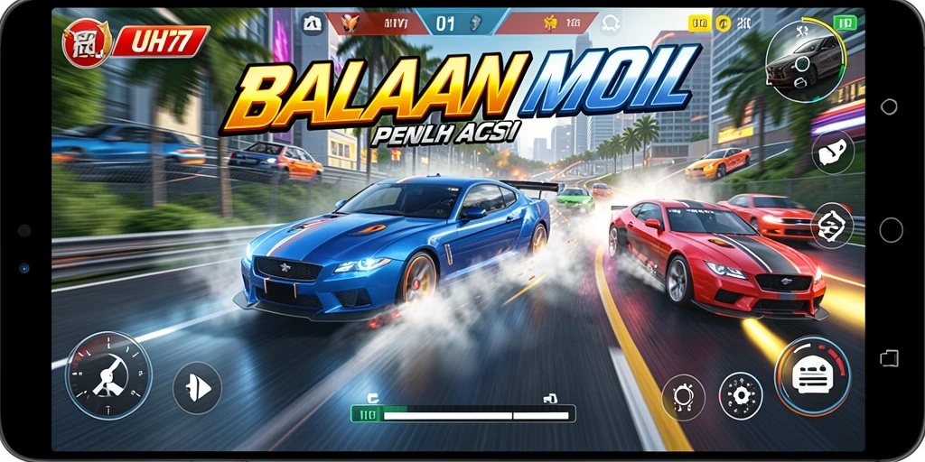 Tampilan gameplay menegangkan dari UH77 dengan mobil balap beraksi.